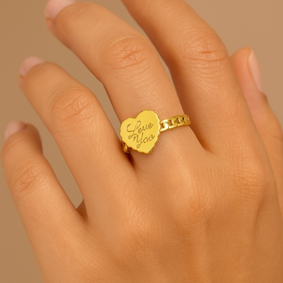 Jewelry - Stainless Steel Gold Tone Heart Engraved Adjustable Ring (R55)